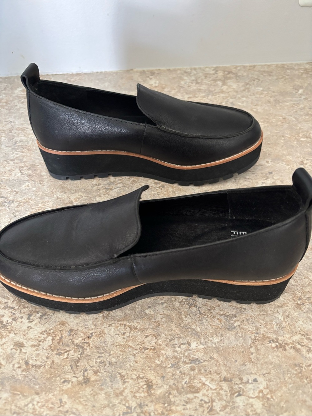 Black Eileen Fisher Ells Smooth Leather Loafer Wedge Slip On Shoes Size 7.5 M